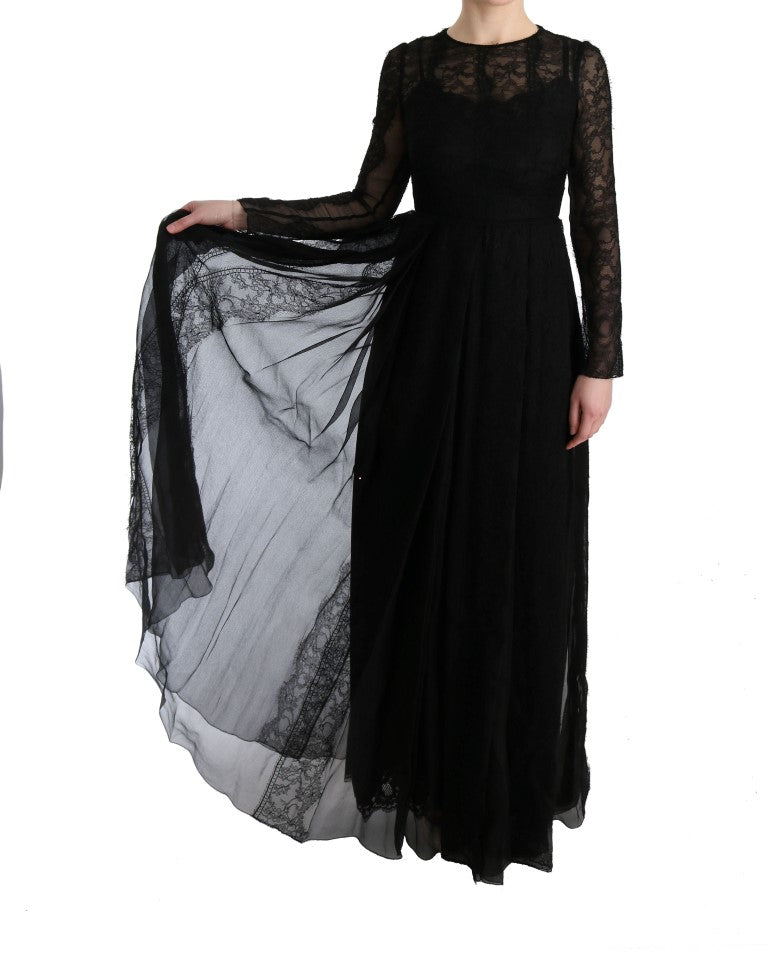 Dolce & Gabbana black floral lace sheath silk dress displayed on a hanger, showcasing intricate lace details and elegant silhouette.