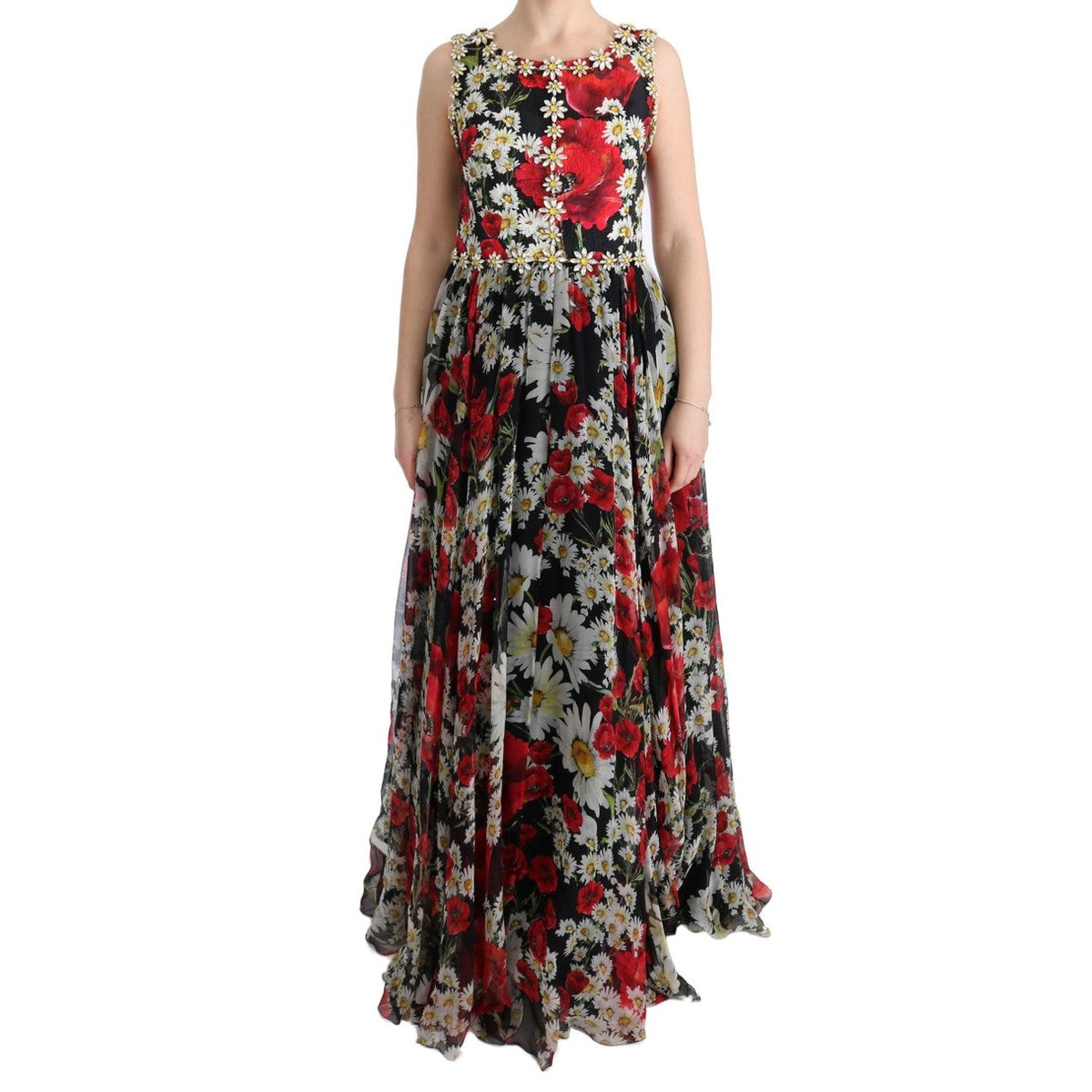 Dolce & Gabbana Multicolor Silk Floral Crystal Long Maxi Dress