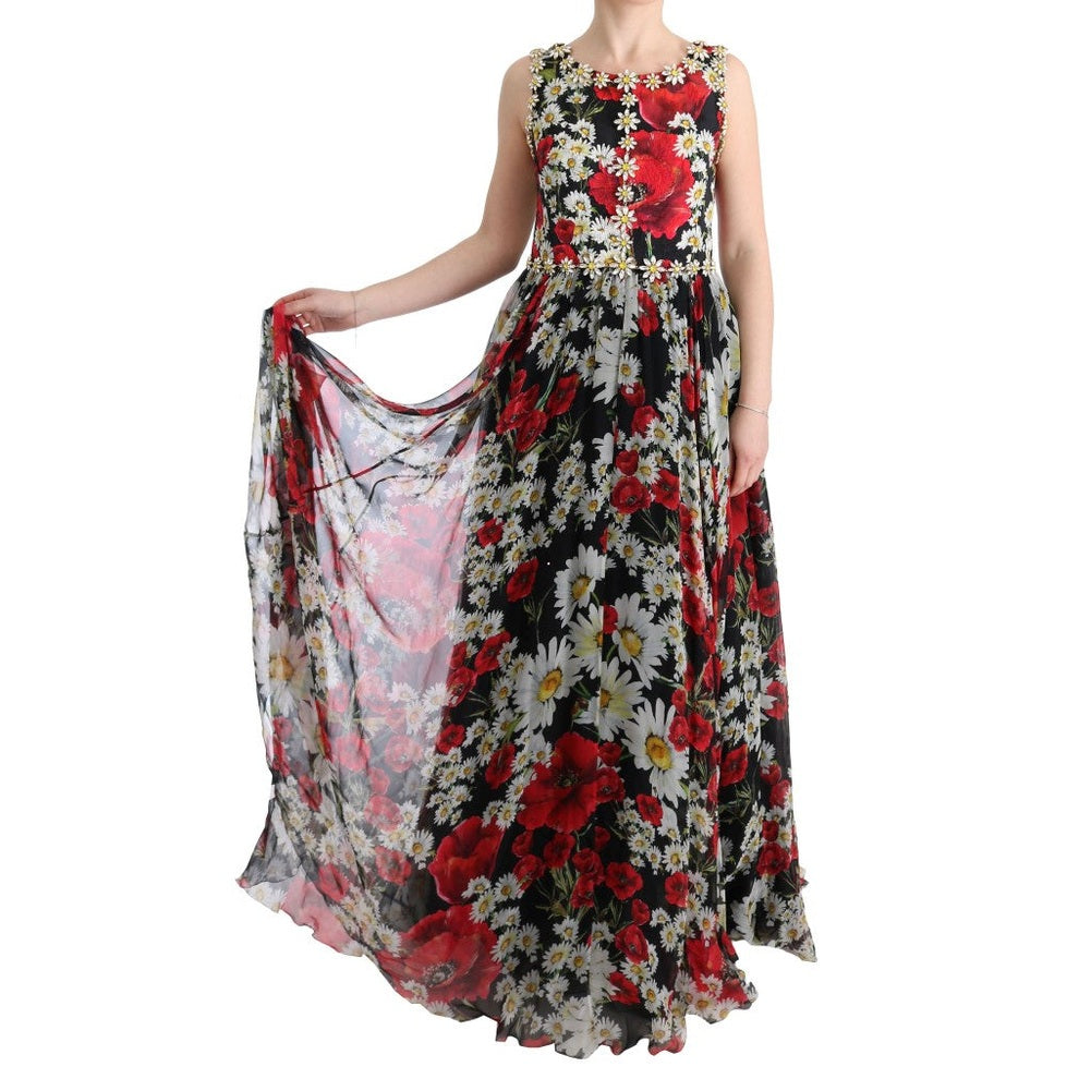 Dolce & Gabbana Multicolor Silk Floral Crystal Long Maxi Dress