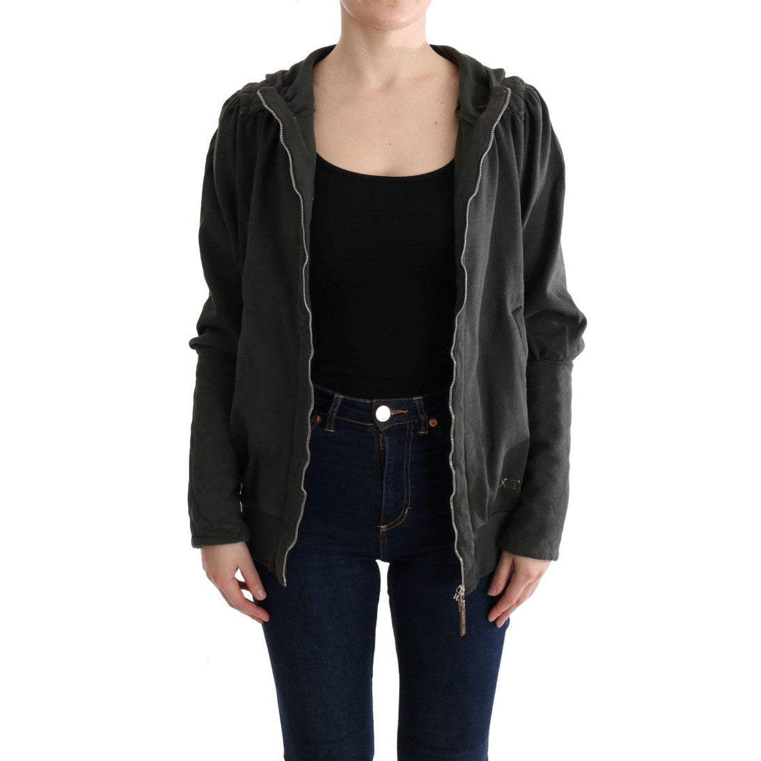 Exte Gray Top Hooded Cotton Zipper Sweater