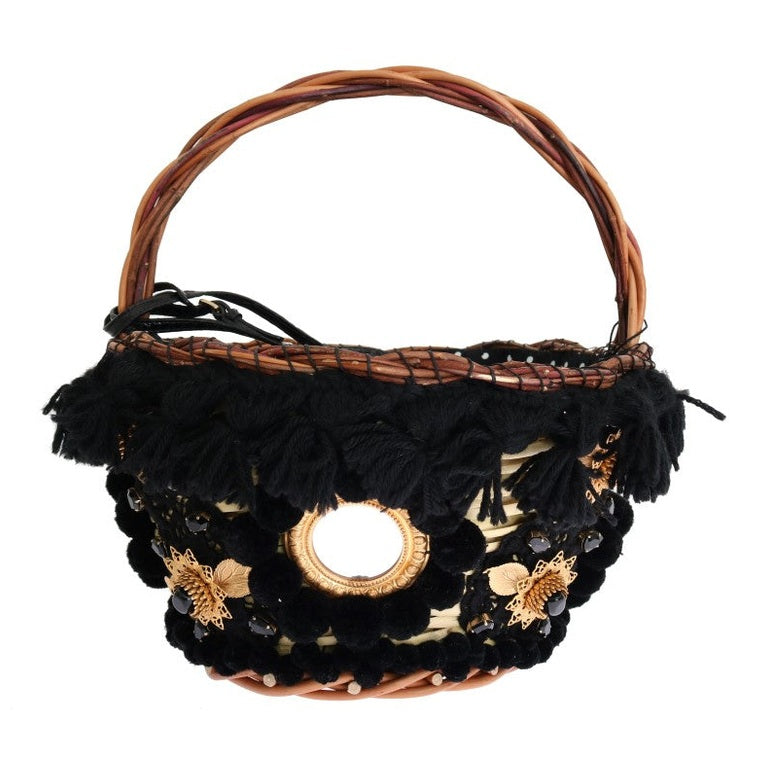 Dolce & Gabbana Beige Straw Snakeskin Pom Pom Crystal AGNESE Bag