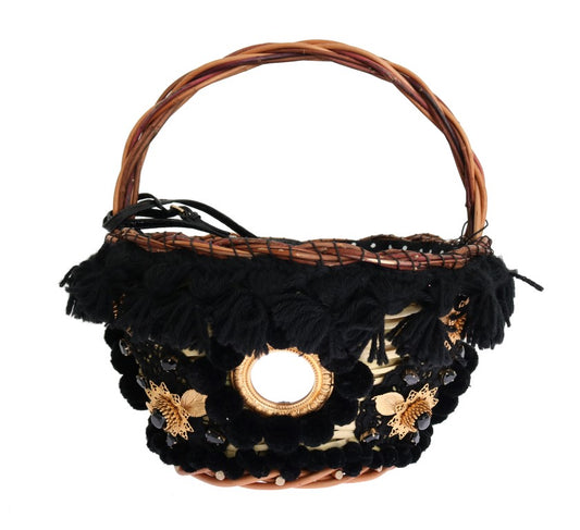Dolce & Gabbana Beige Straw Snakeskin Pom Pom Crystal AGNESE Bag Dolce & Gabbana