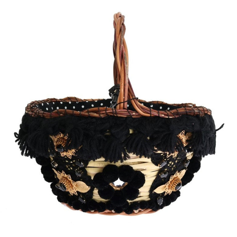Dolce & Gabbana Beige Straw Snakeskin Pom Pom Crystal AGNESE Bag