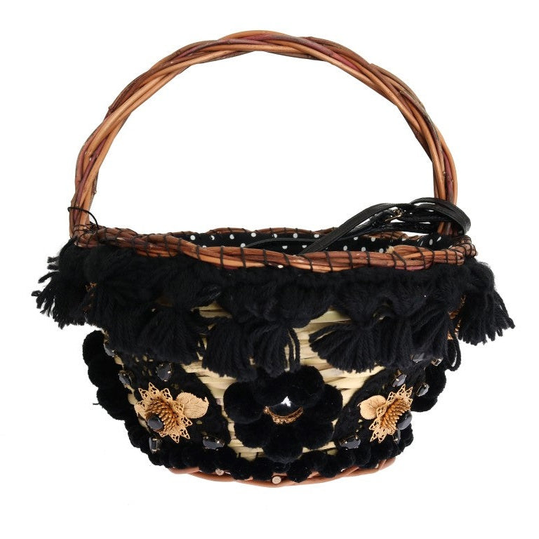 Dolce & Gabbana Beige Straw Snakeskin Pom Pom Crystal AGNESE Bag