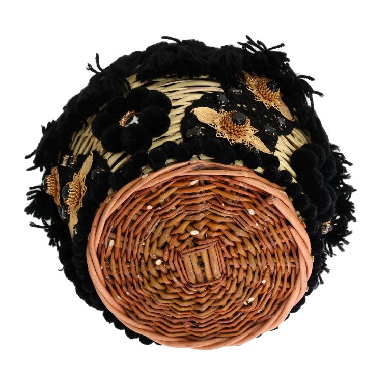 Dolce & Gabbana Beige Straw Snakeskin Pom Pom Crystal AGNESE Bag