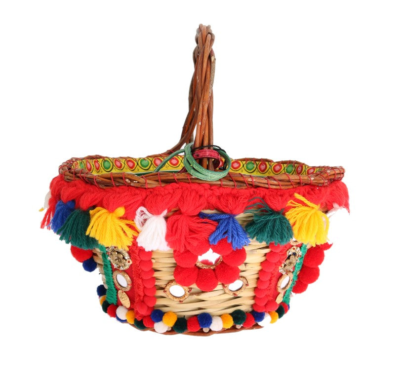Dolce & Gabbana Multicolor AGNESE Straw Crystal Pom Pom Bag Dolce & Gabbana