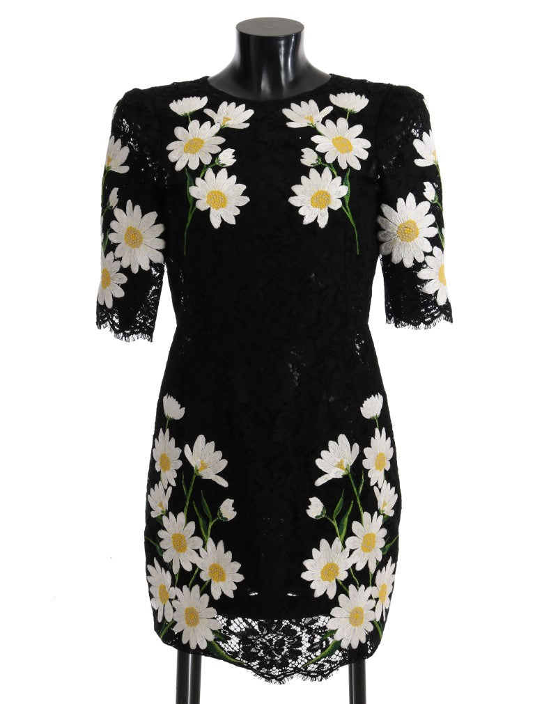 Black floral lace Sicily dress by Dolce & Gabbana featuring chamomile embroidery and elegant design.