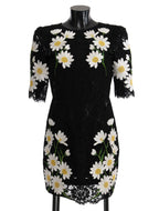 Black floral lace Sicily dress by Dolce & Gabbana featuring chamomile embroidery and elegant design.