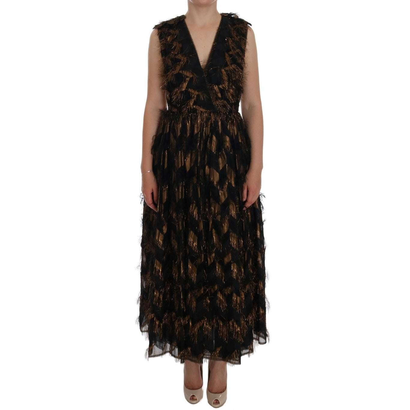 Dolce & Gabbana Black Silk Brown Fringes A-Line Dress Dolce & Gabbana
