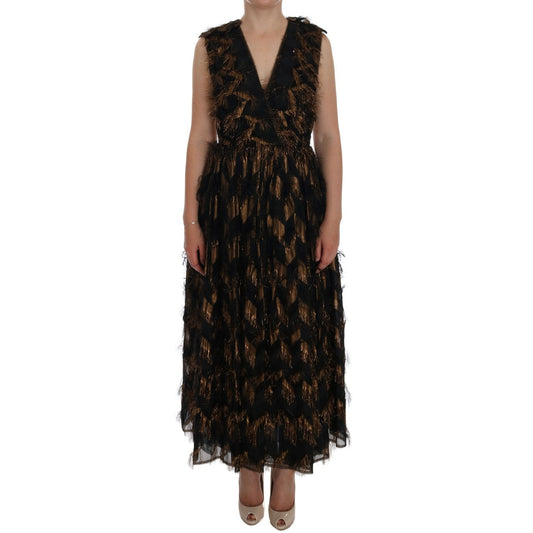 Dolce & Gabbana Black Silk Brown Fringes A-Line Dress Dolce & Gabbana
