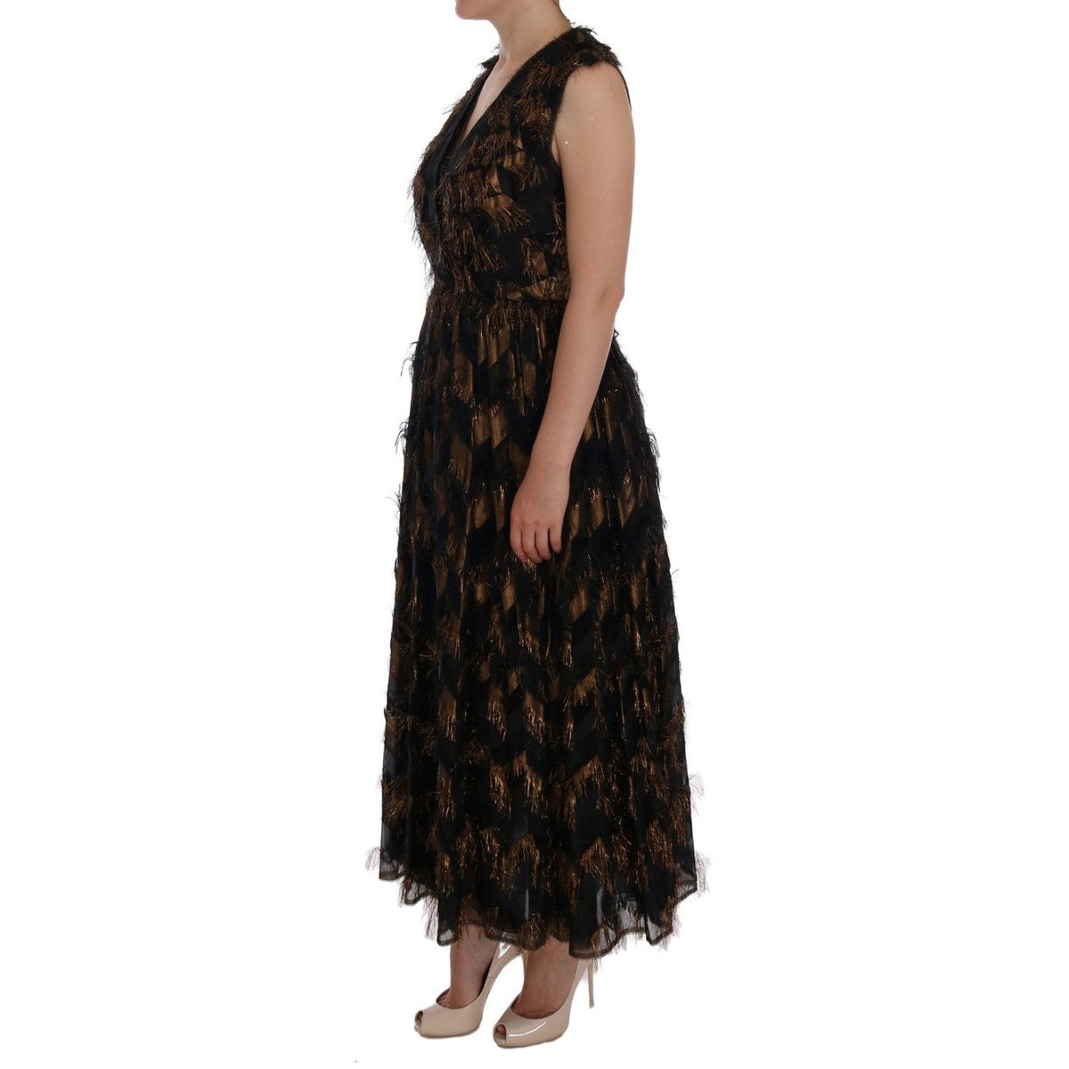 Dolce & Gabbana Black Silk Brown Fringes A-Line Dress