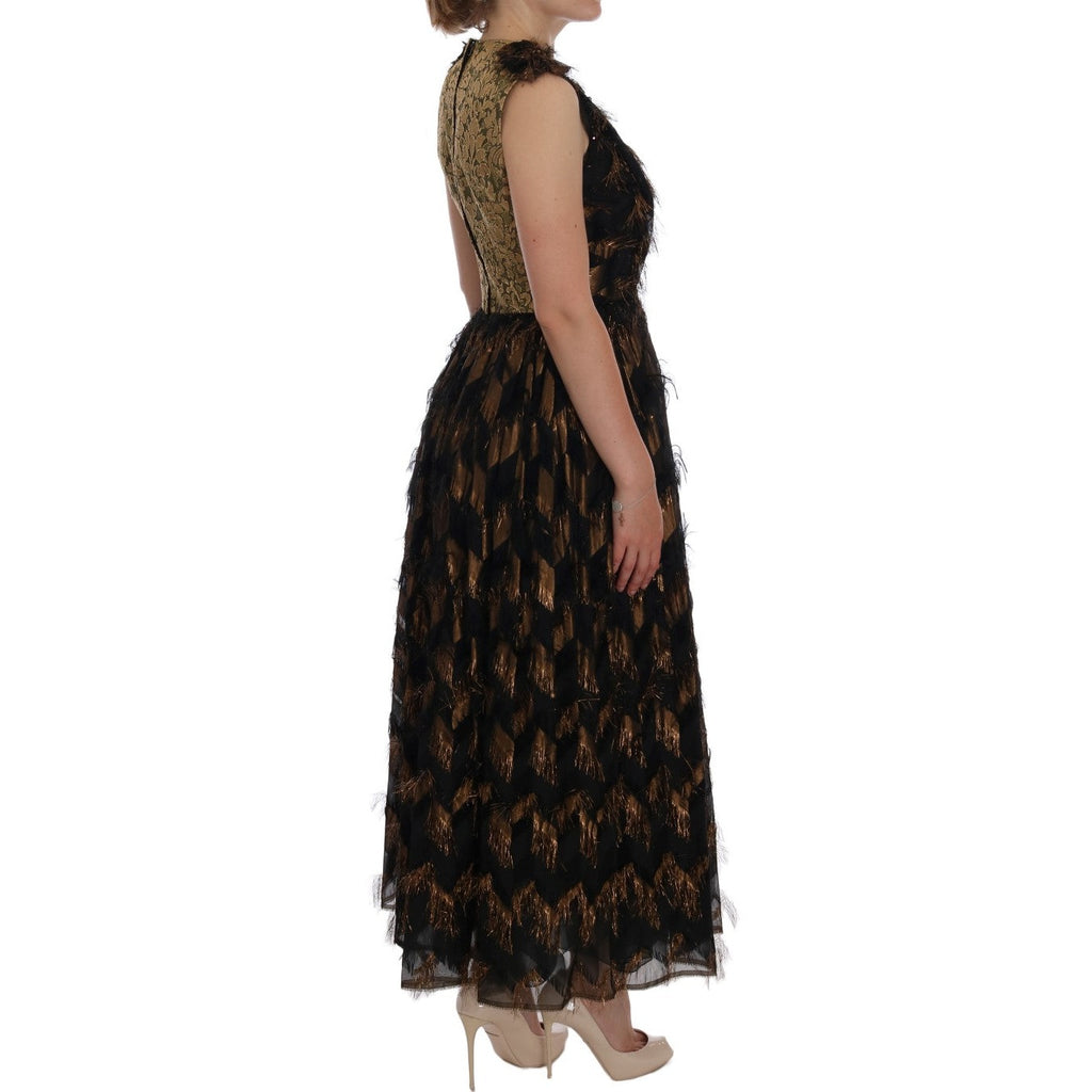 Dolce & Gabbana Black Silk Brown Fringes A-Line Dress