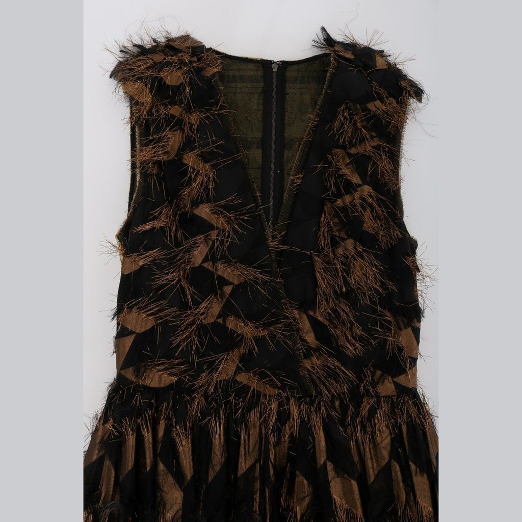 Dolce & Gabbana Black Silk Brown Fringes A-Line Dress