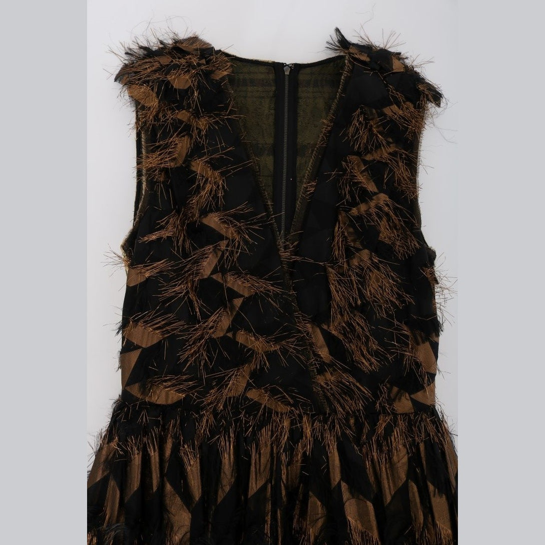 Dolce & Gabbana Black Silk Brown Fringes A-Line Dress Dolce & Gabbana