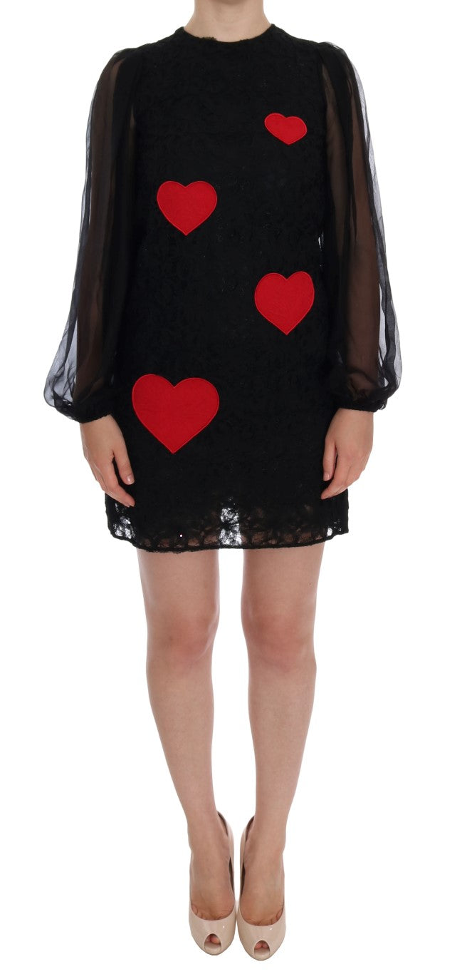 Dolce & Gabbana Black Lace Red Heart Shift Dress Dolce & Gabbana