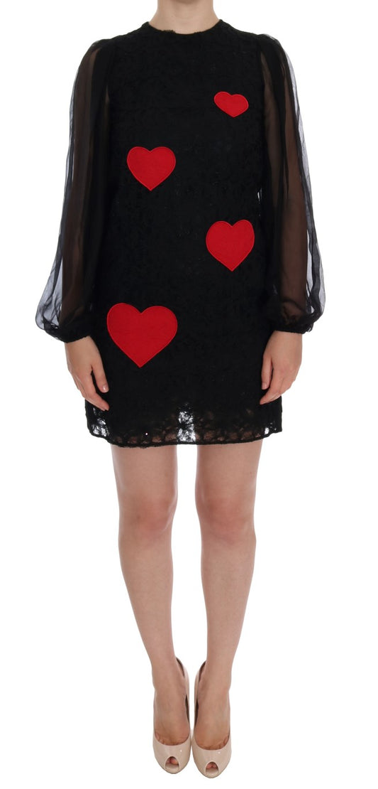 Dolce & Gabbana Black Lace Red Heart Shift Dress Dolce & Gabbana