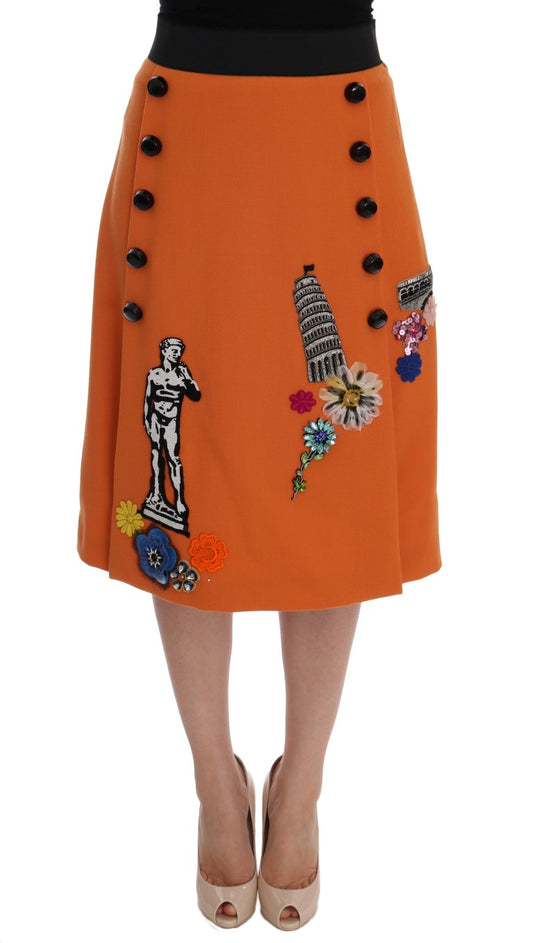 Dolce & Gabbana Orange Wool Crystal Sequin Appliques Skirt Dolce & Gabbana