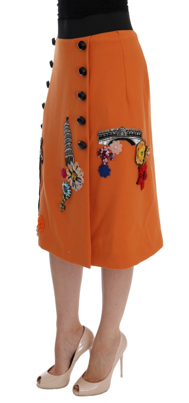 Dolce & Gabbana Orange Wool Crystal Sequin Appliques Skirt Dolce & Gabbana