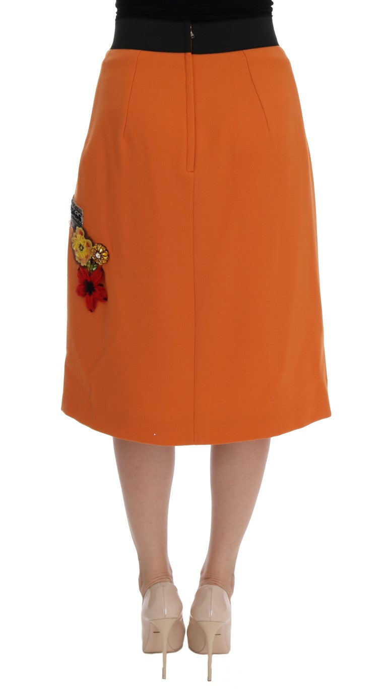 Dolce & Gabbana Orange Wool Crystal Sequin Appliques Skirt Dolce & Gabbana
