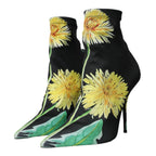 Dolce & Gabbana black floral jersey stretch ankle boots with sleek design and floral pattern, stylish footwear for women.