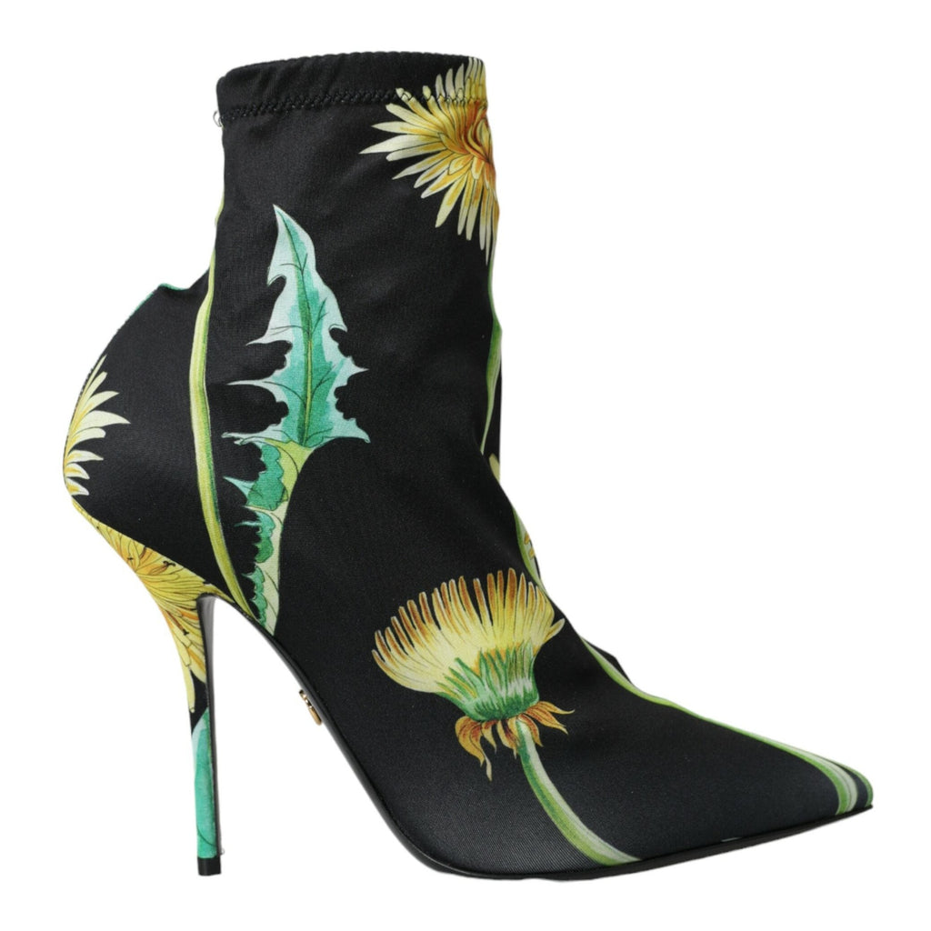 Dolce & Gabbana black floral jersey stretch ankle boots with pointed toes and sleek design, perfect for stylish outfits.