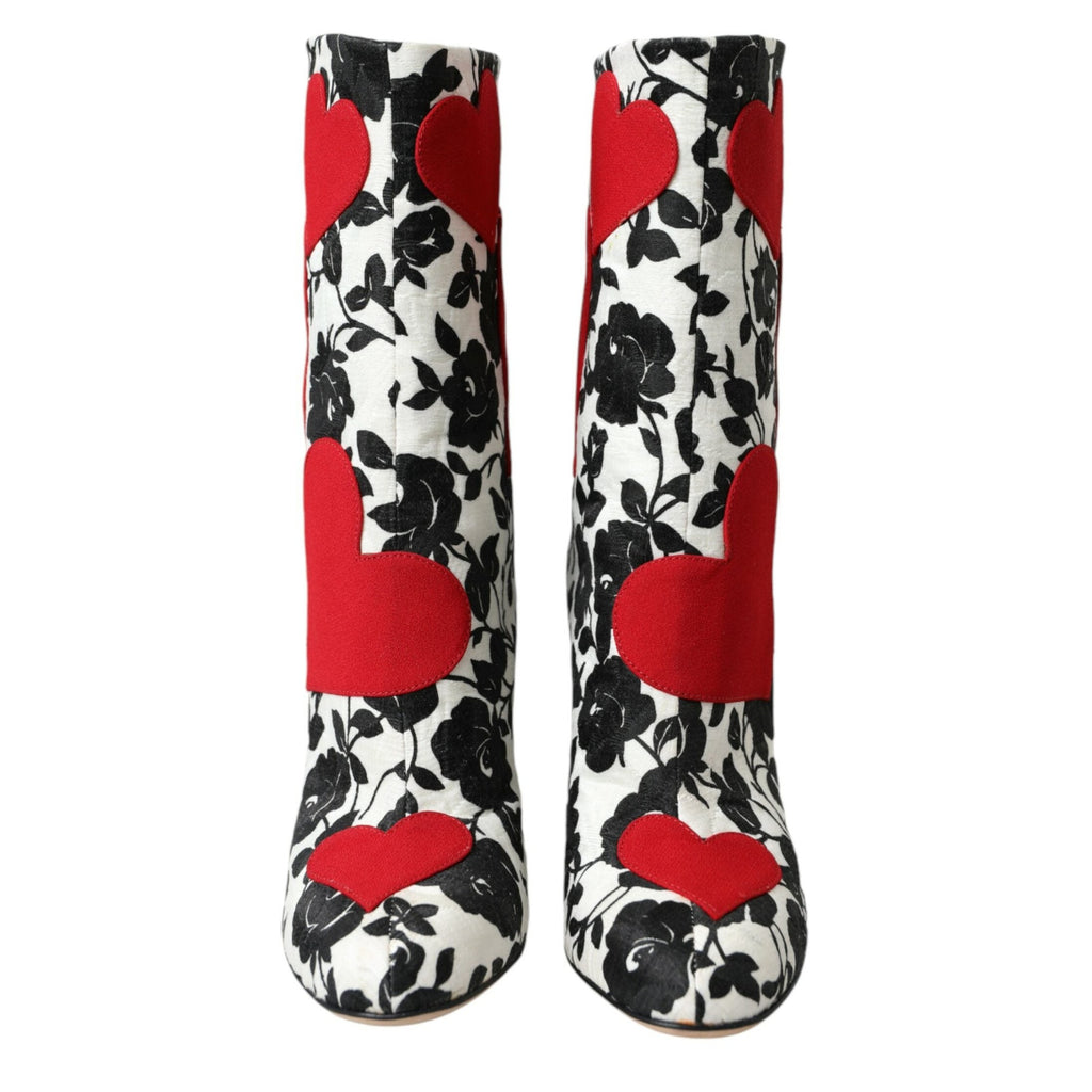 Dolce & Gabbana White Floral Hearts Leather High Boots Shoes