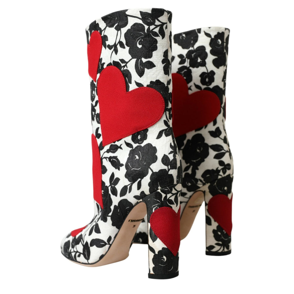 Dolce & Gabbana White Floral Hearts Leather High Boots Shoes