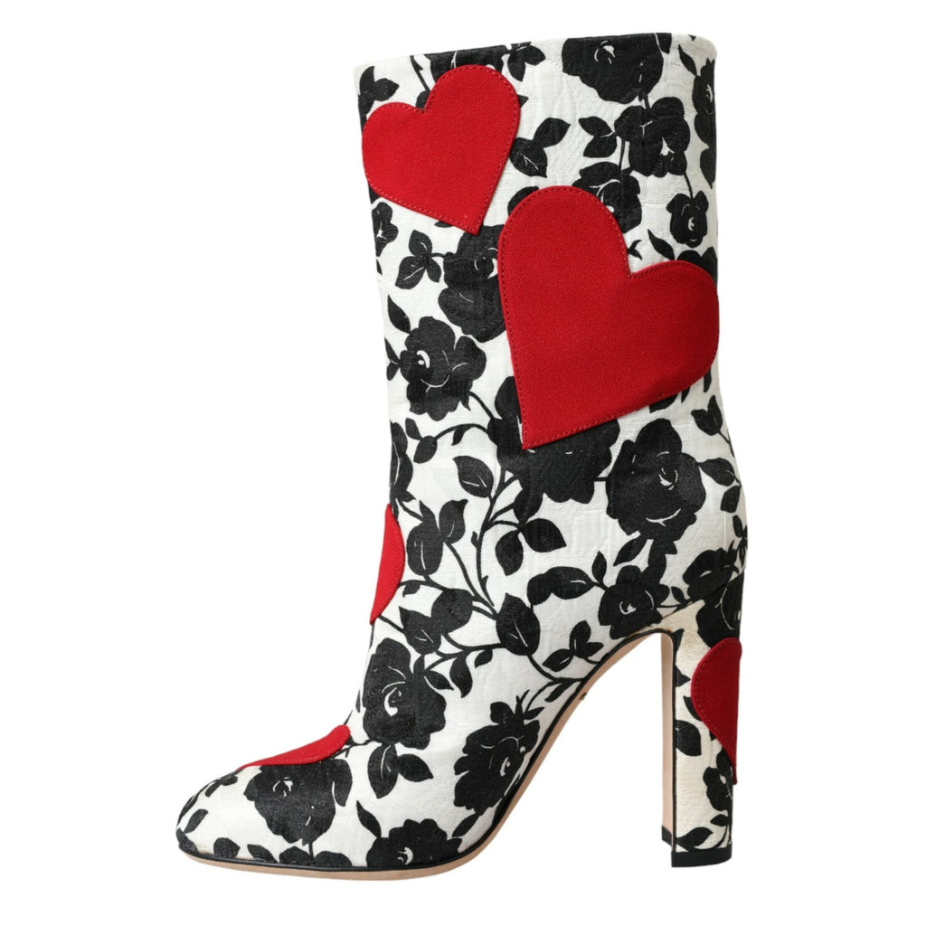 Dolce & Gabbana White Floral Hearts Leather High Boots Shoes