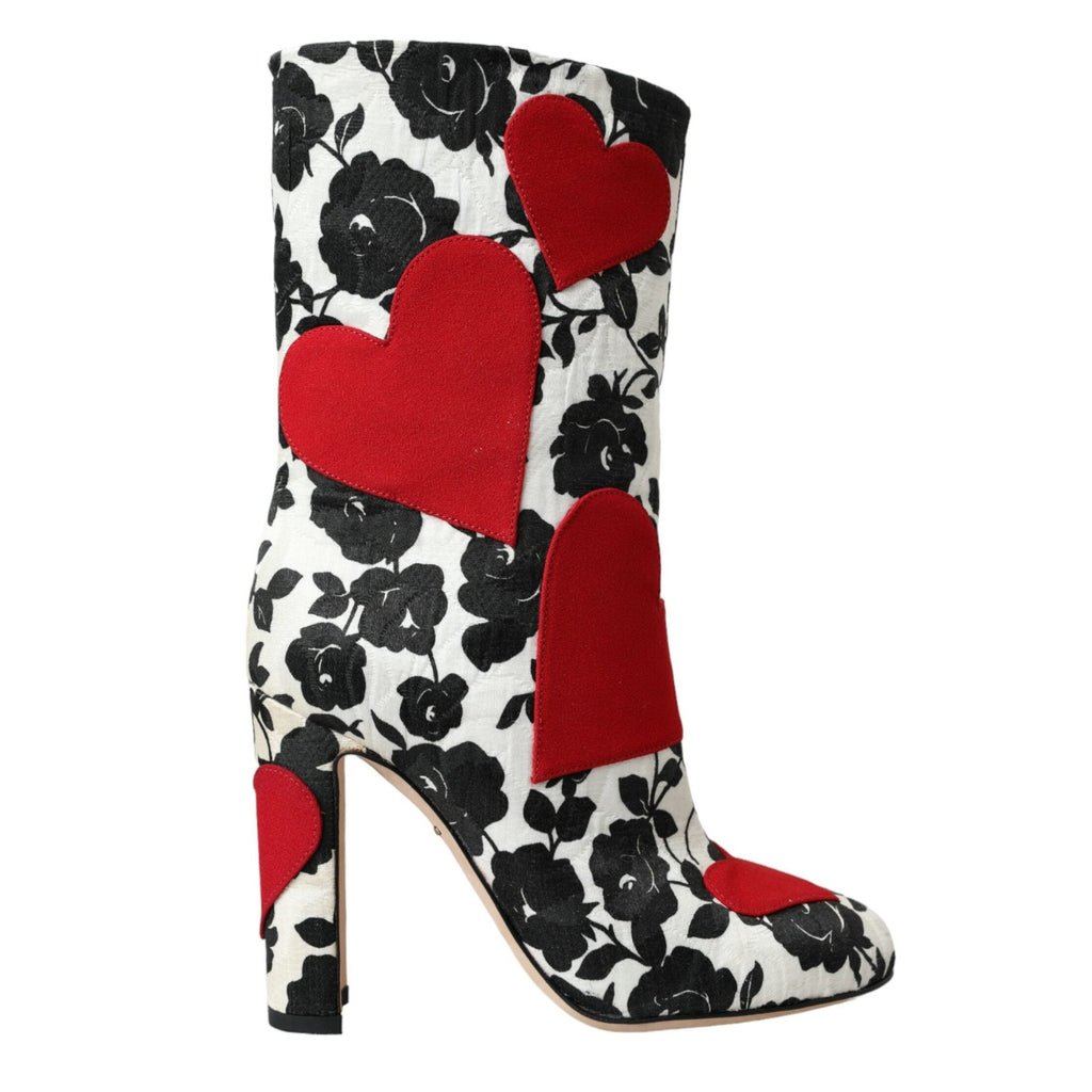Dolce & Gabbana White Floral Hearts Leather High Boots Shoes