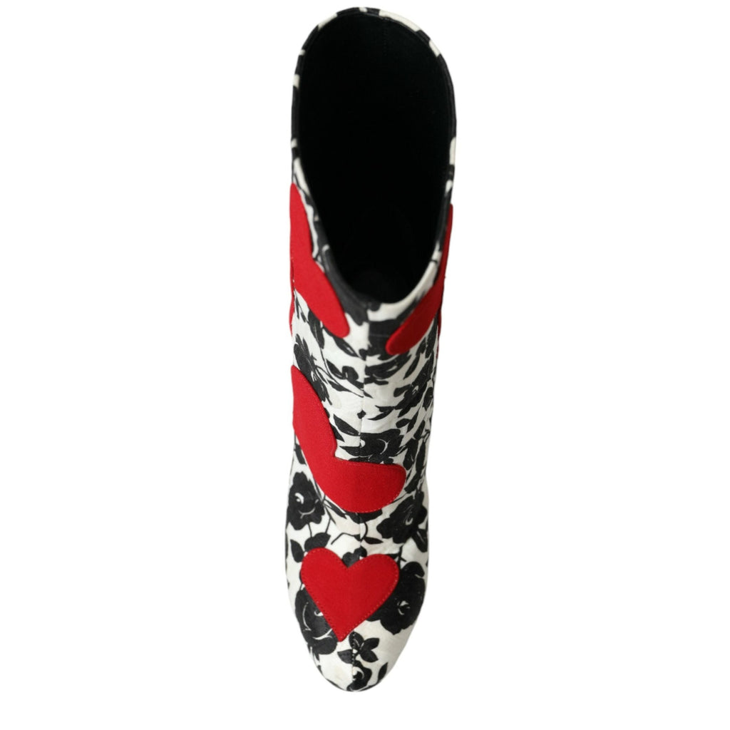 Dolce & Gabbana White Floral Hearts Leather High Boots Shoes