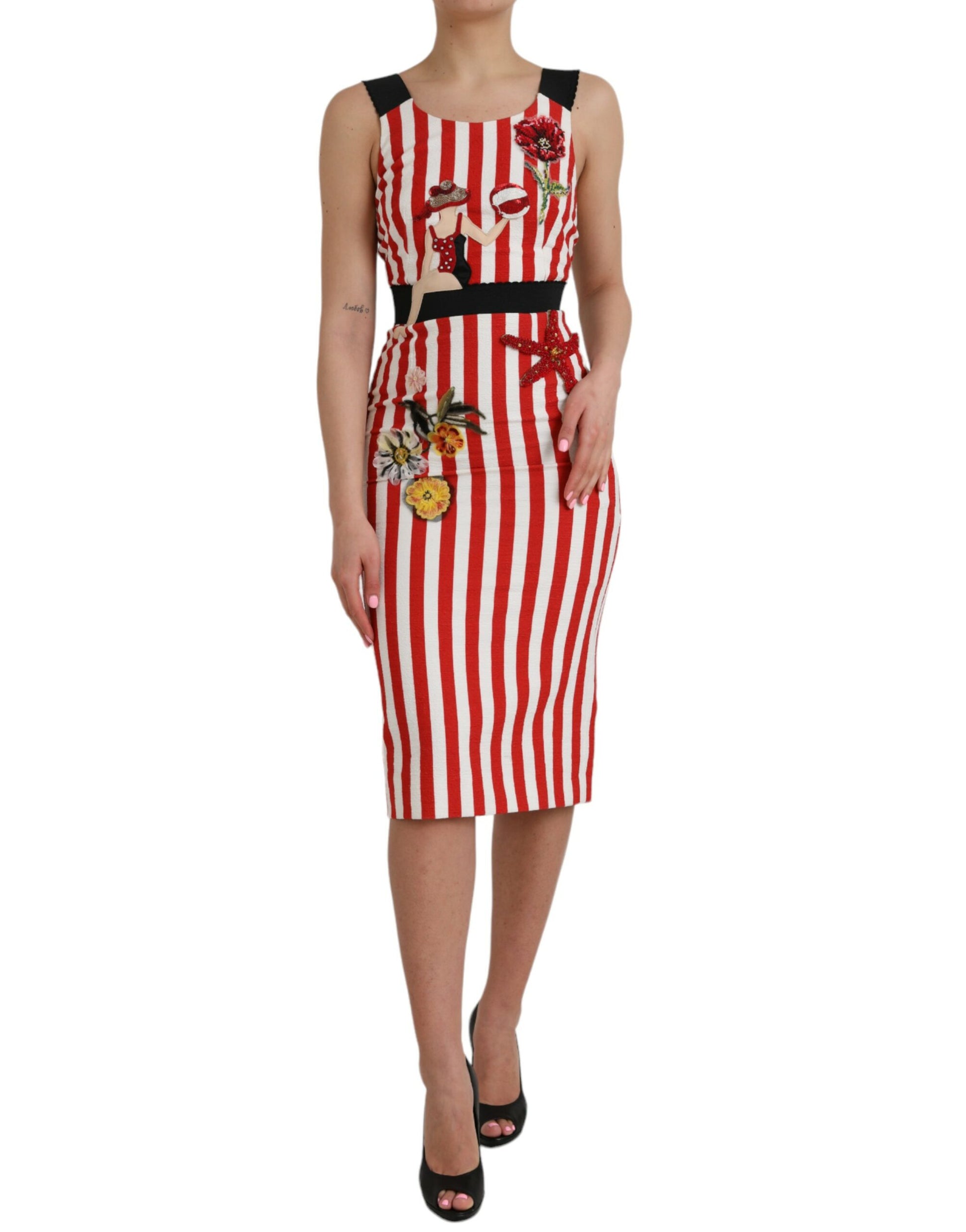 Dolce & Gabbana Red White Floral Sleeveless Sheath Midi Dress Dolce & Gabbana
