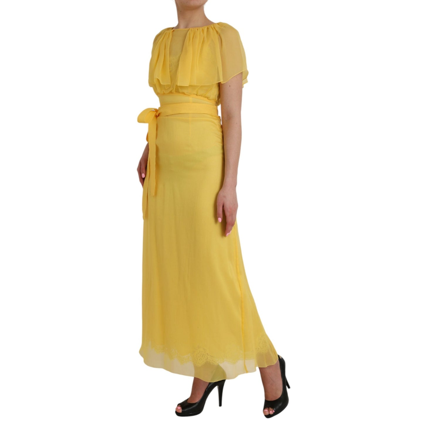 Dolce & Gabbana Yellow Silk Sheath Belted Long Maxi Dress