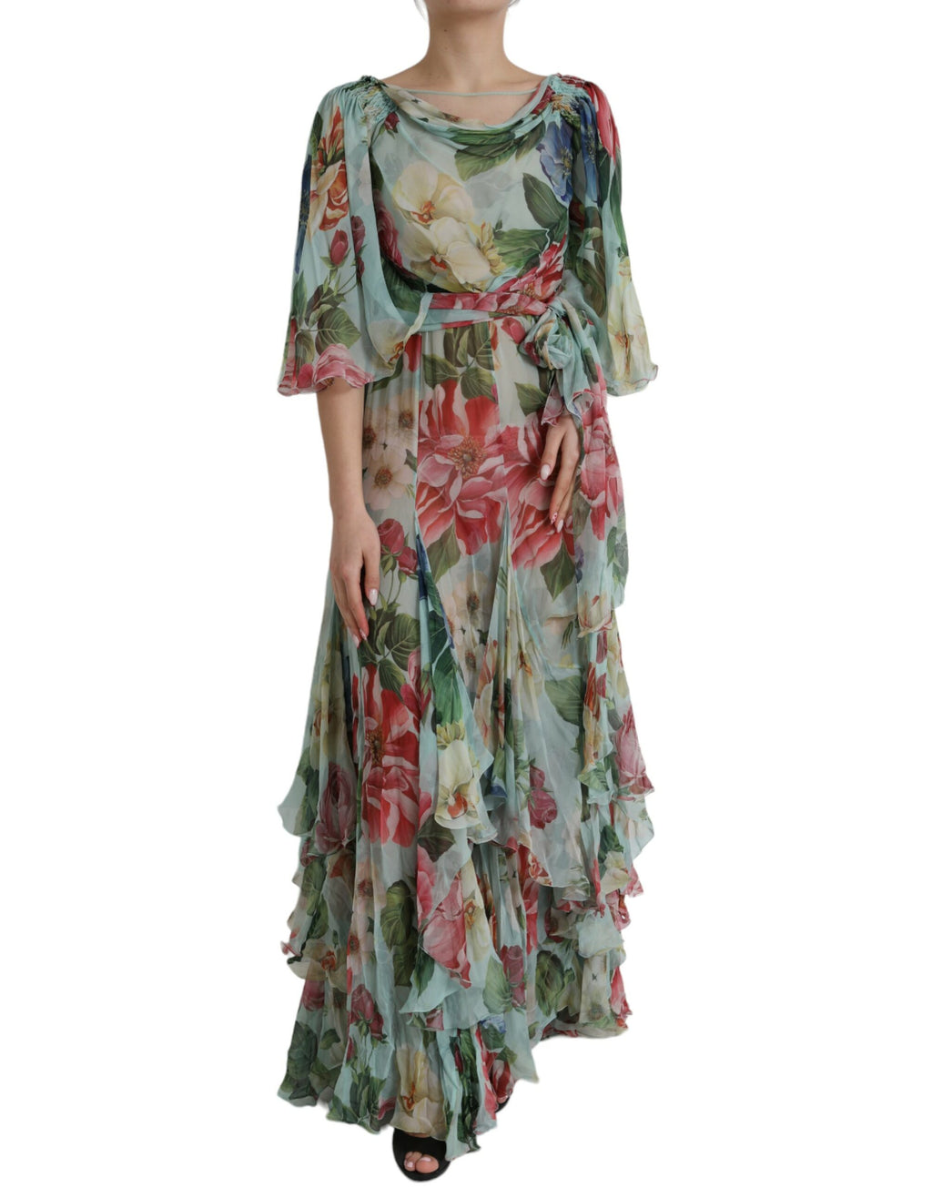 Dolce & Gabbana Blue Floral Print Tiered Long Maxi Dress - Eljoys Fashion 