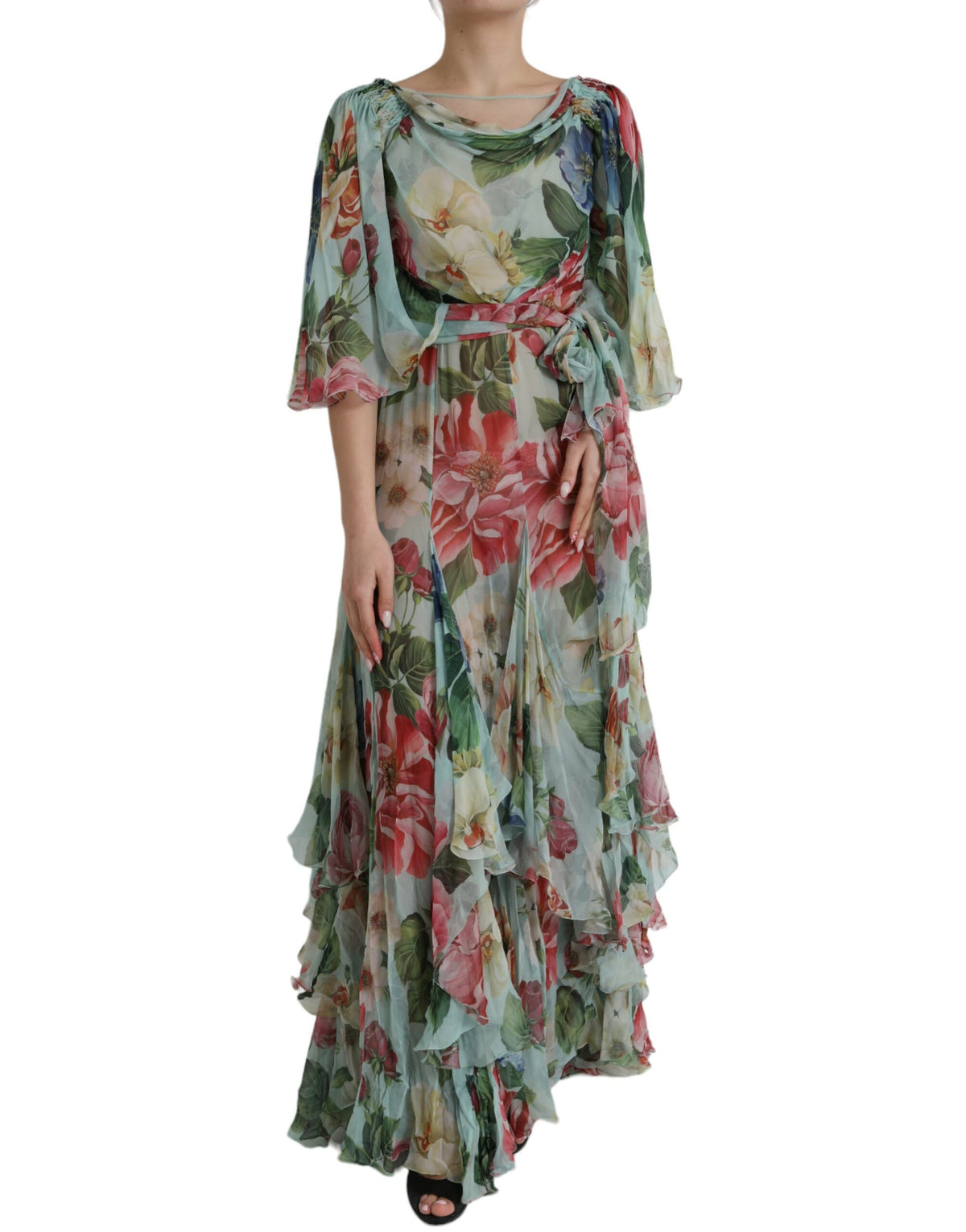 Dolce & Gabbana Blue Floral Print Tiered Long Maxi Dress - Eljoys Fashion 