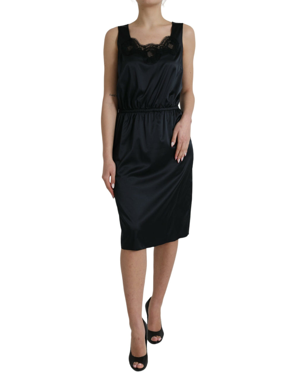 Dolce & Gabbana Black Polyester Lace Trim Sheath Midi Dress - Eljoys Fashion 