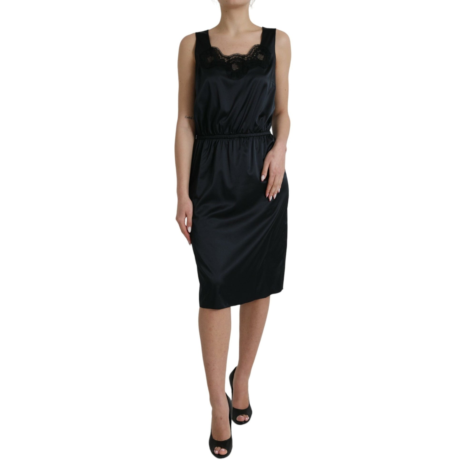 Dolce & Gabbana Black Polyester Lace Trim Sheath Midi Dress Dolce & Gabbana