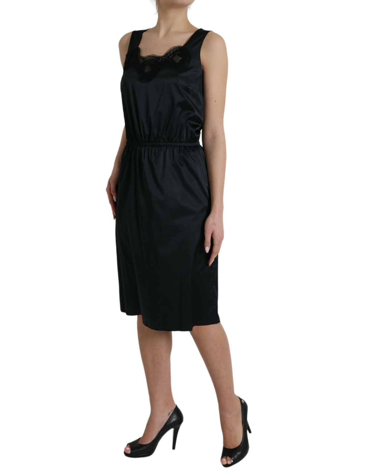 Dolce & Gabbana Black Polyester Lace Trim Sheath Midi Dress - Eljoys Fashion 