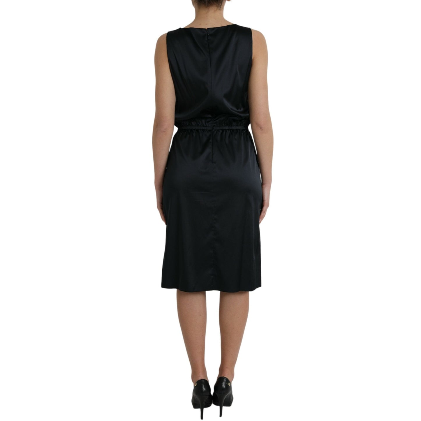 Dolce & Gabbana Black Polyester Lace Trim Sheath Midi Dress Dolce & Gabbana