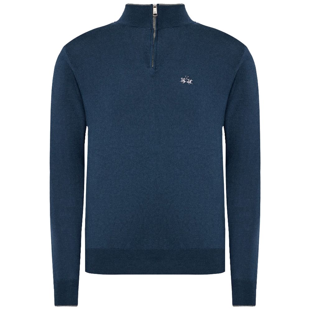La Martina Blue Wool Men Sweater with Half Zip Closure La Martina