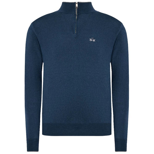 La Martina Blue Wool Men Sweater with Half Zip Closure La Martina
