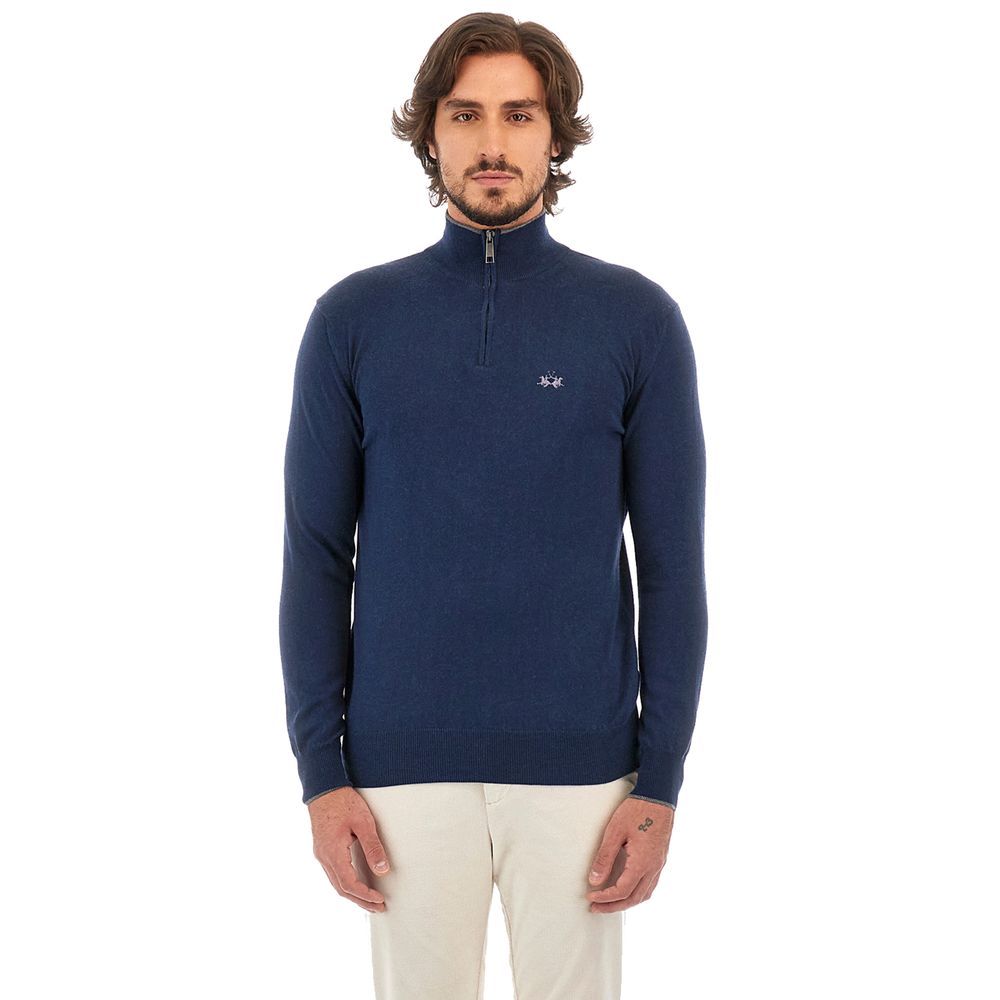 La Martina Blue Wool Men Sweater with Half Zip Closure La Martina