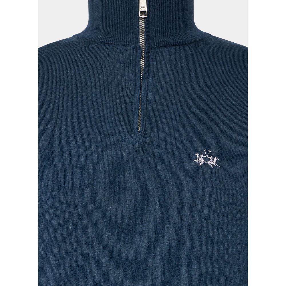 La Martina Blue Wool Men Sweater with Half Zip Closure La Martina