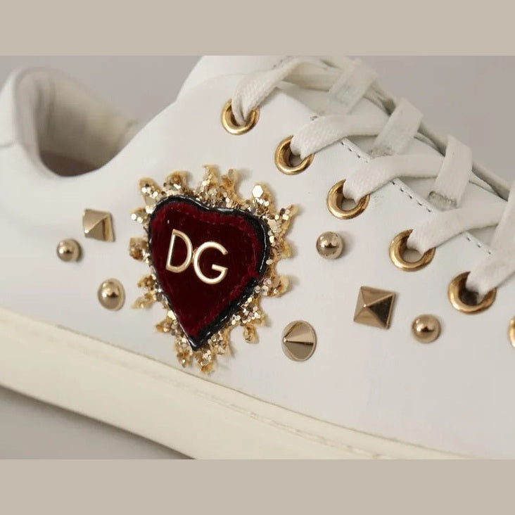 Dolce & Gabbana White Leather Gold Red Heart Sneakers Shoes Dolce & Gabbana