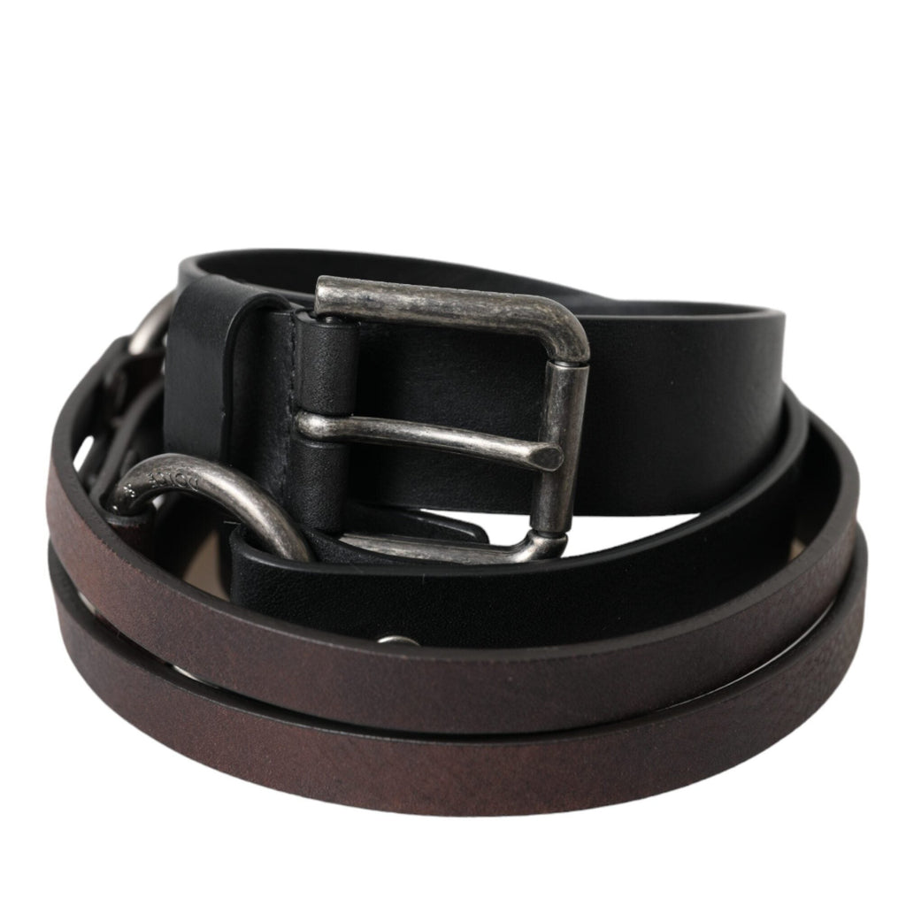 Dolce & Gabbana Black Brown Leather Silver Metal Buckle Belt