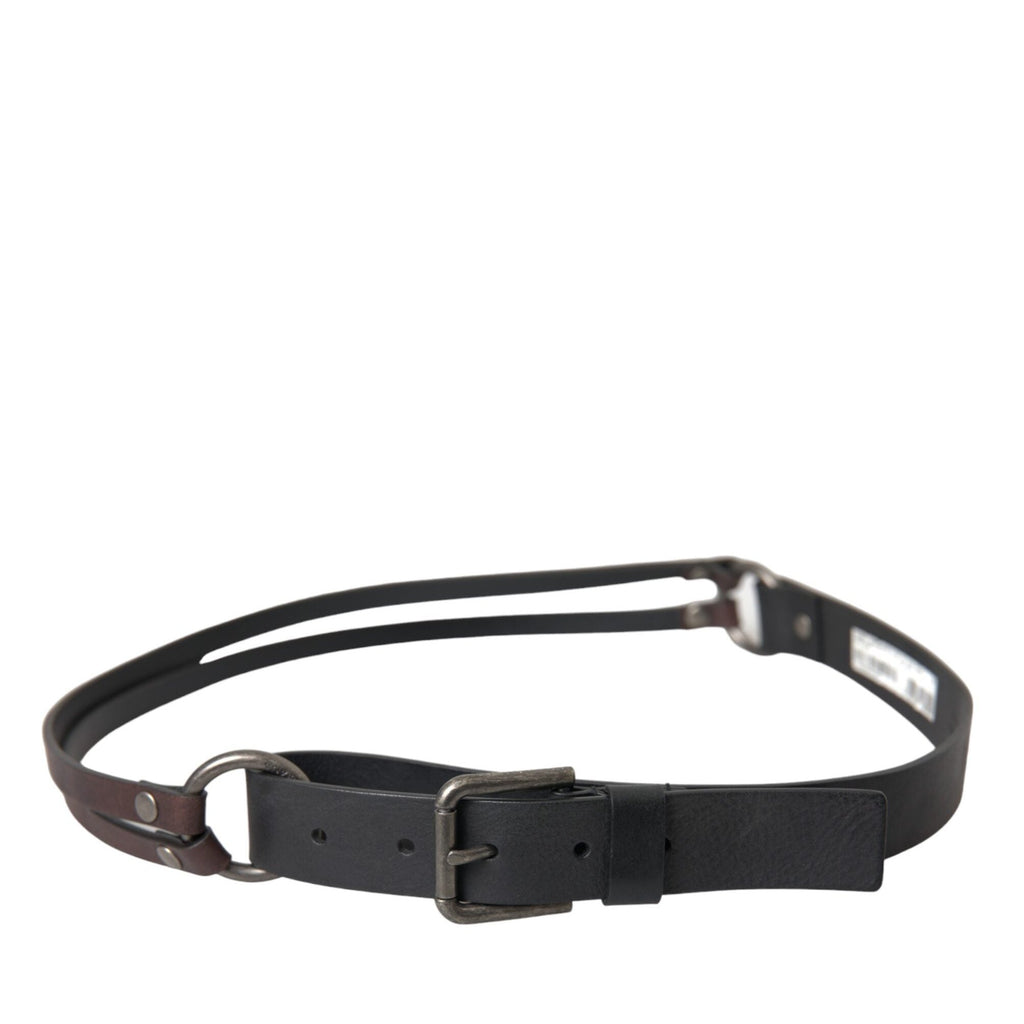 Dolce & Gabbana Black Brown Leather Silver Metal Buckle Belt