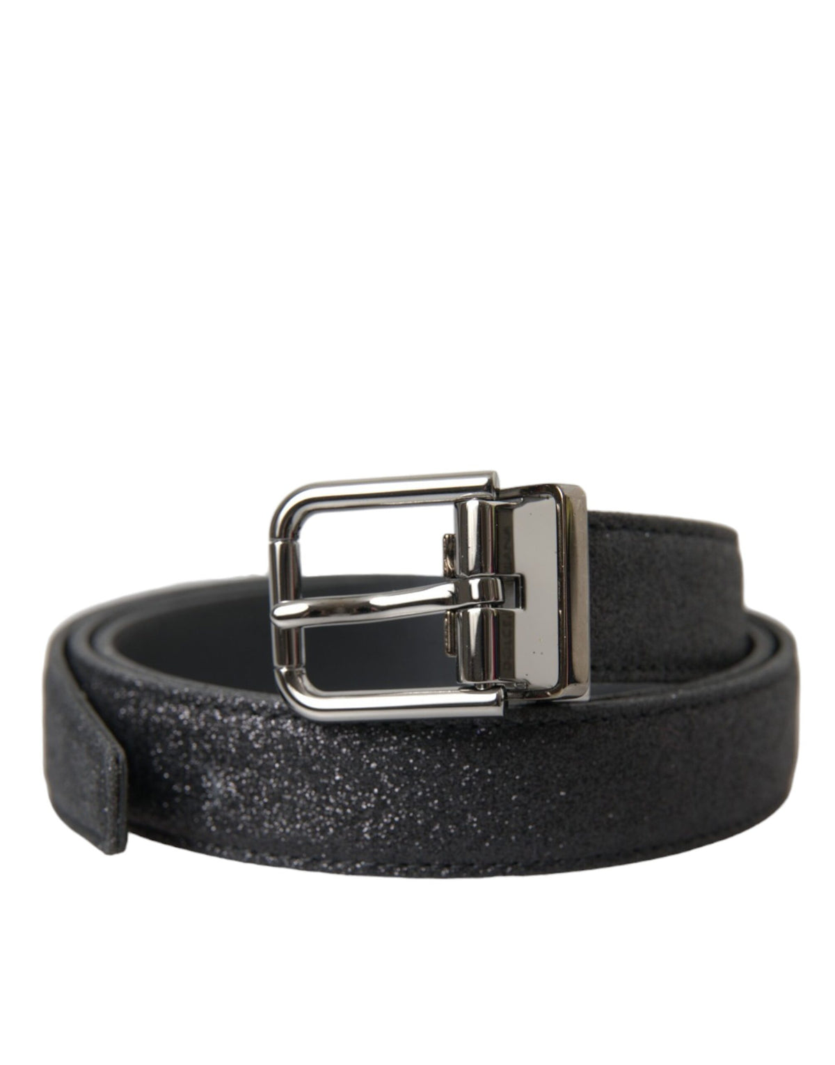 Dolce & Gabbana black leather belt with glitter accents and silver buckle, stylish accessory for women.