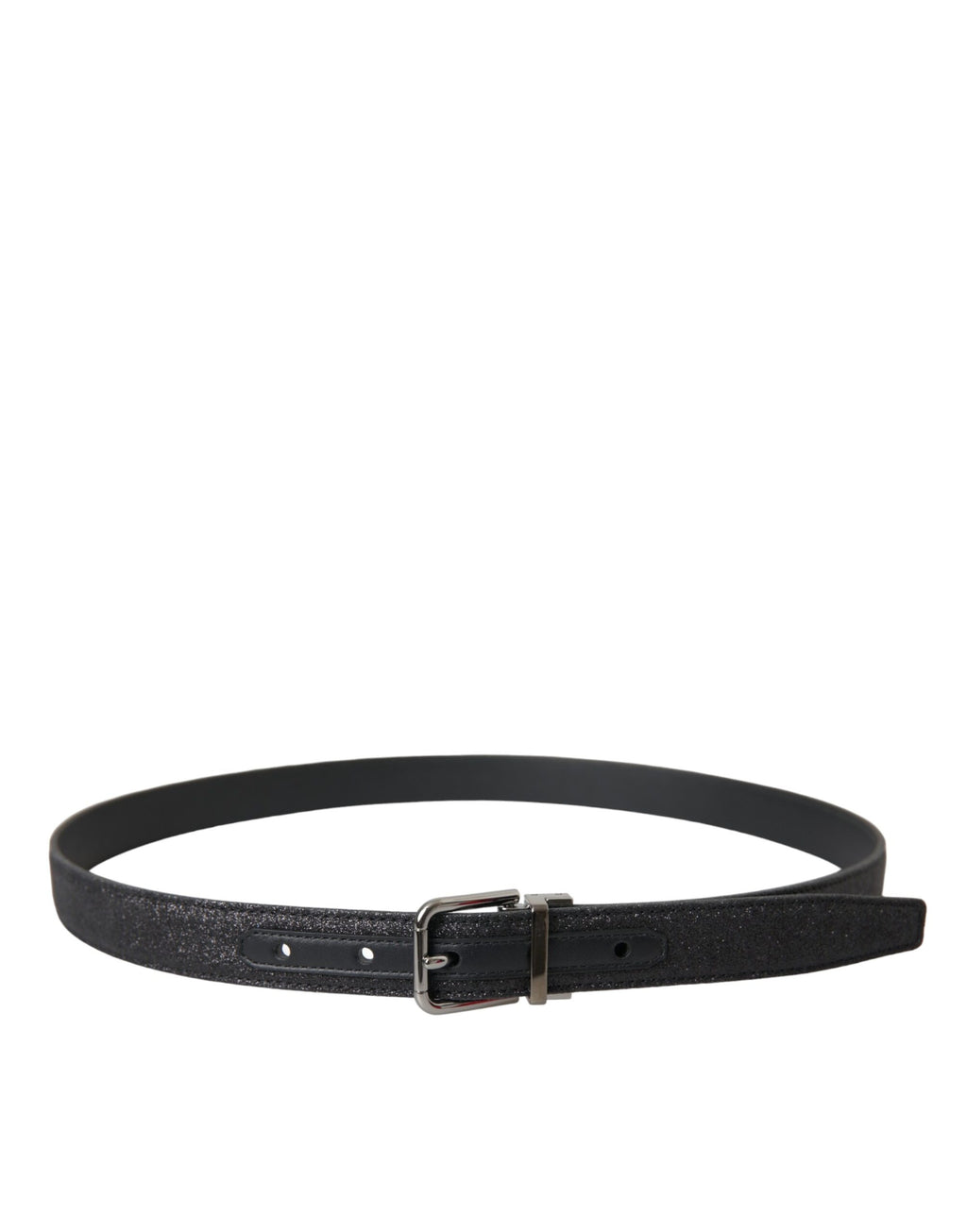 Dolce & Gabbana black glittered leather belt with silver buckle, stylish accessory with metallic shimmer and sleek design.