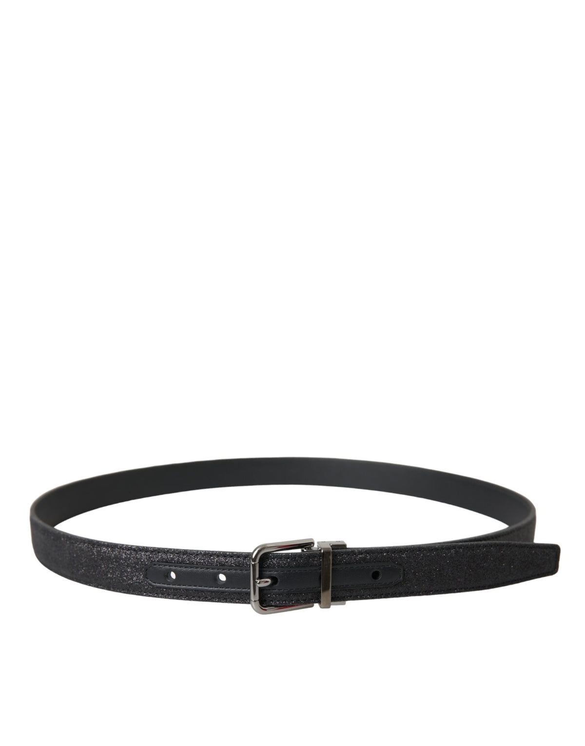 Dolce & Gabbana black glittered leather belt with silver buckle, stylish accessory with metallic shimmer and sleek design.