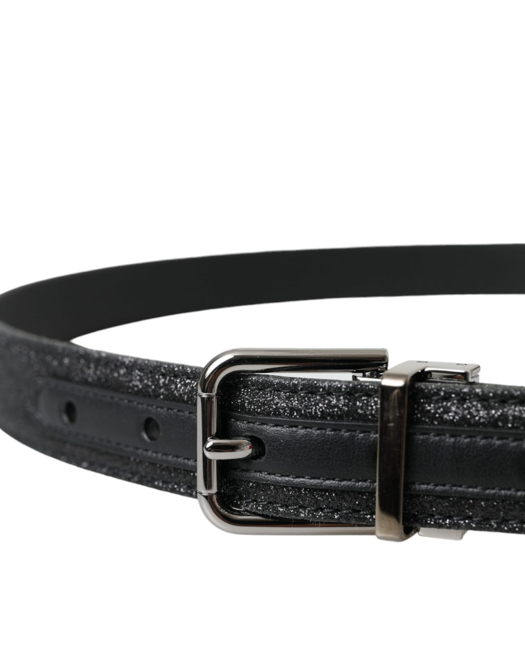 Dolce & Gabbana black leather belt with glitter accents and silver buckle, stylish accessory for fashionable outfits.