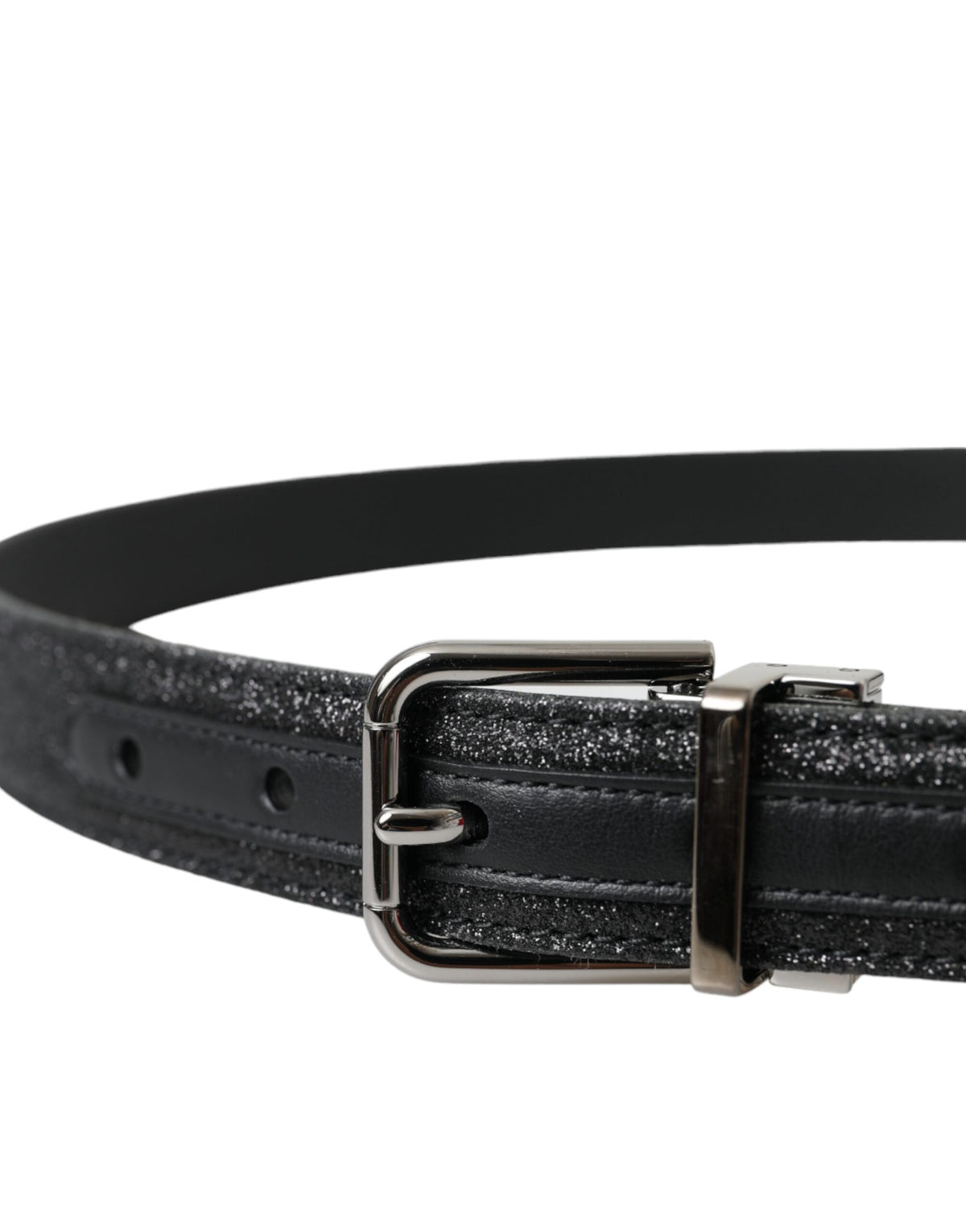 Dolce & Gabbana black leather belt with glitter accents and silver buckle, stylish accessory for fashionable outfits.
